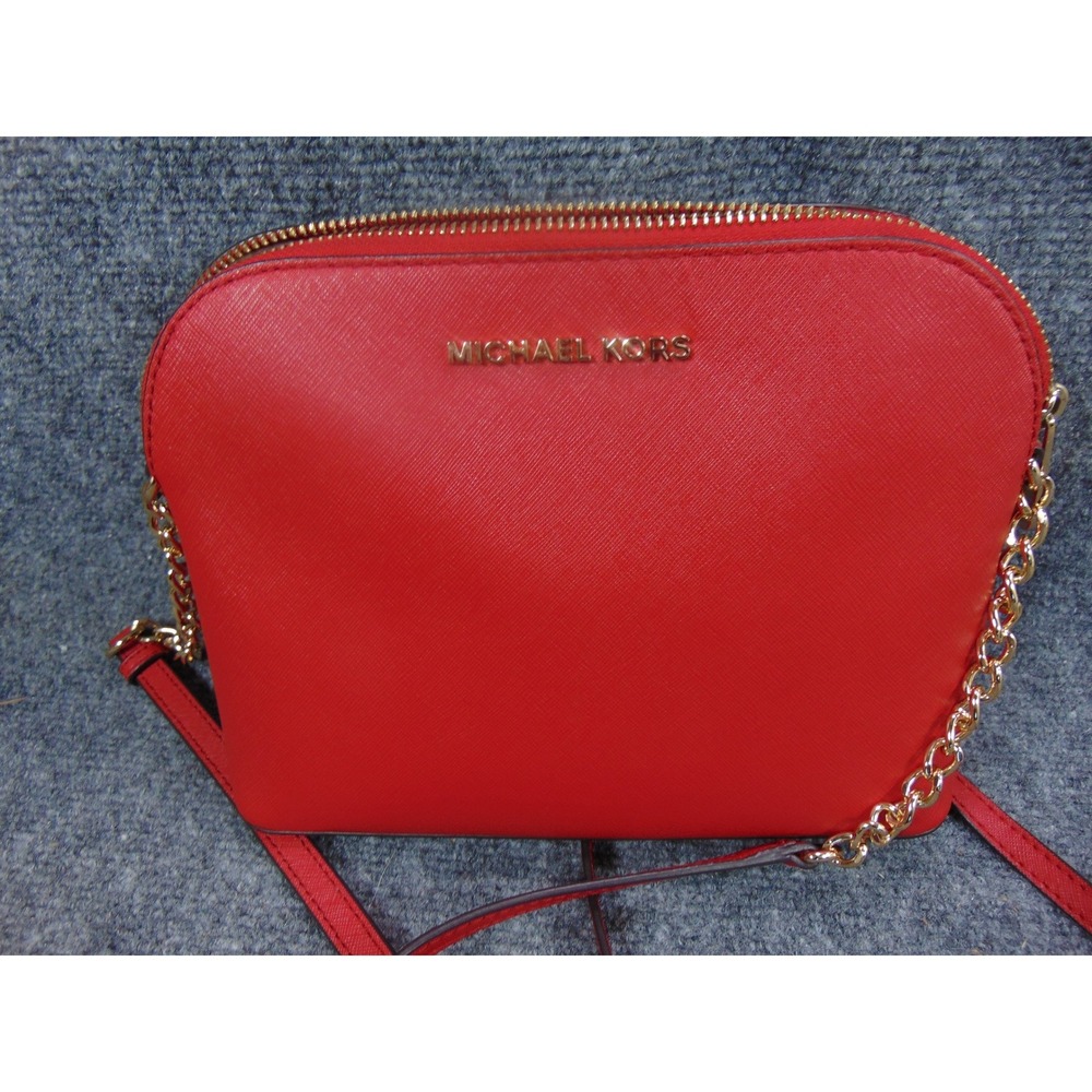 Michael Kors Cindy Dome Crossbody Red Saffiano Leather 38S9YCP03L Gold Chain - Picture 2 of 14